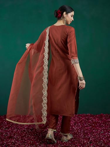 Royal Ethnic | Women's Viscose Embroidered Kurta Pant Dupatta Set | Straight Fit | 3/4 Sleeves | Festive & Elegant Wear - Royal Ethnic