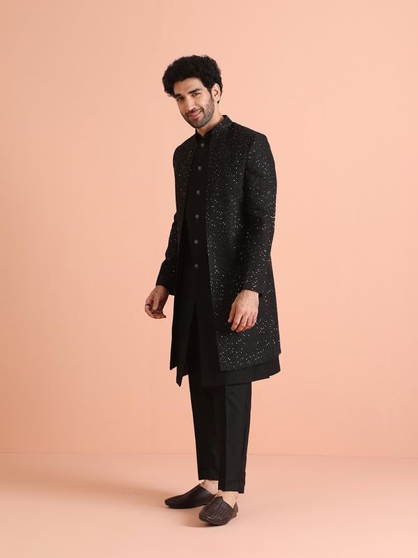 Royal Ethnics | Men's Jacket Sherwani Trouser Set | Blended Fabric | Embellished Pattern | Regular Fit | Long Sleeve - Royal Ethnic