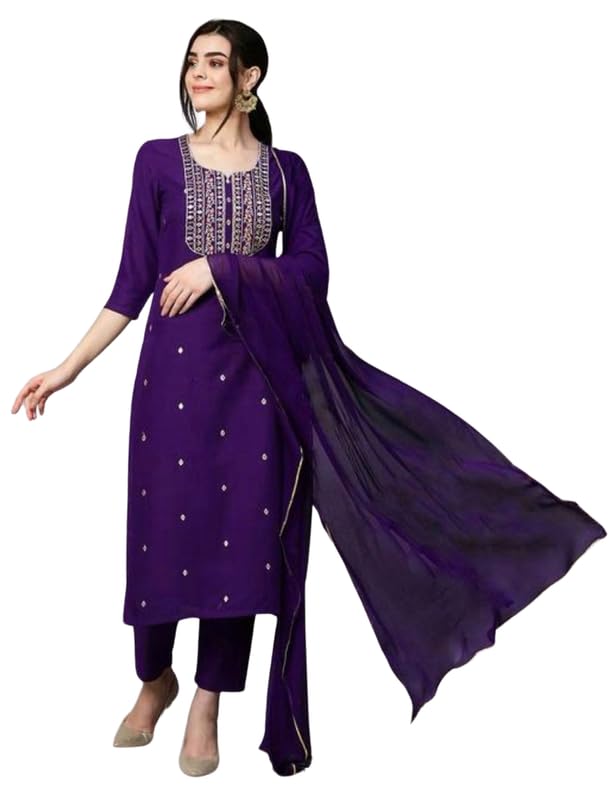 Royal Ethnic Women's Embroidered Rayon Slub Kurta Set with Dupatta Elegant Stylish Ethnic Wear Outfit Dress