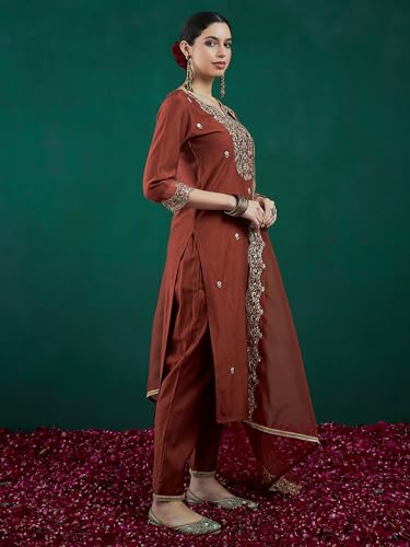 Royal Ethnic | Women's Viscose Embroidered Kurta Pant Dupatta Set | Straight Fit | 3/4 Sleeves | Festive & Elegant Wear - Royal Ethnic