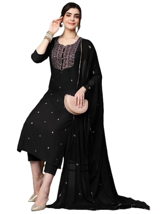 Royal Ethnic Womens Cotton Blend Embroidered Kurta Set with Pant Dupatta Elegants Calf Length Ethnic Outfit Dress