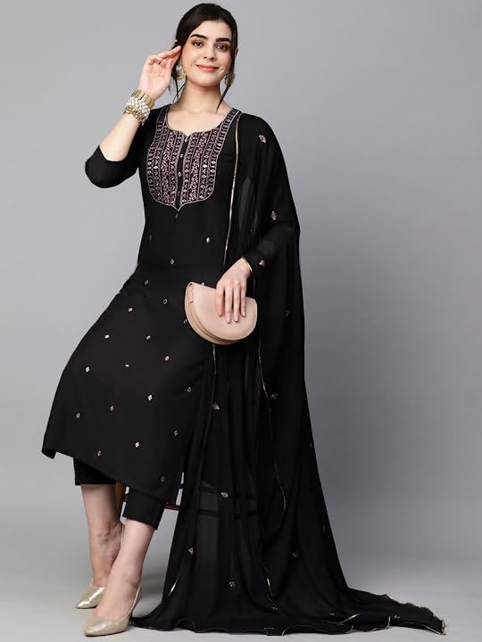 Royal Ethnic Womens Cotton Blend Embroidered Kurta Set with Pant Dupatta Elegants Calf Length Ethnic Outfit Dress - Royal Ethnic
