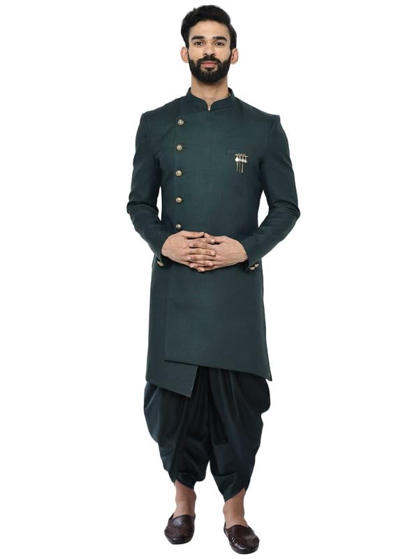 Royal Ethnics | Men's Indo-Western Sherwani Dhoti Set | Green Cotton Blend | Solid Dyed | Regular Fit | Long Sleeve - Royal Ethnic