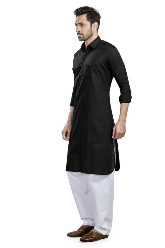 Royal Ethnic | Men's Cotton Pathani Kurta Salwar Set | Solid Pattern | Full Sleeves | High Neck | Wedding & Festive Wear - Royal Ethnic