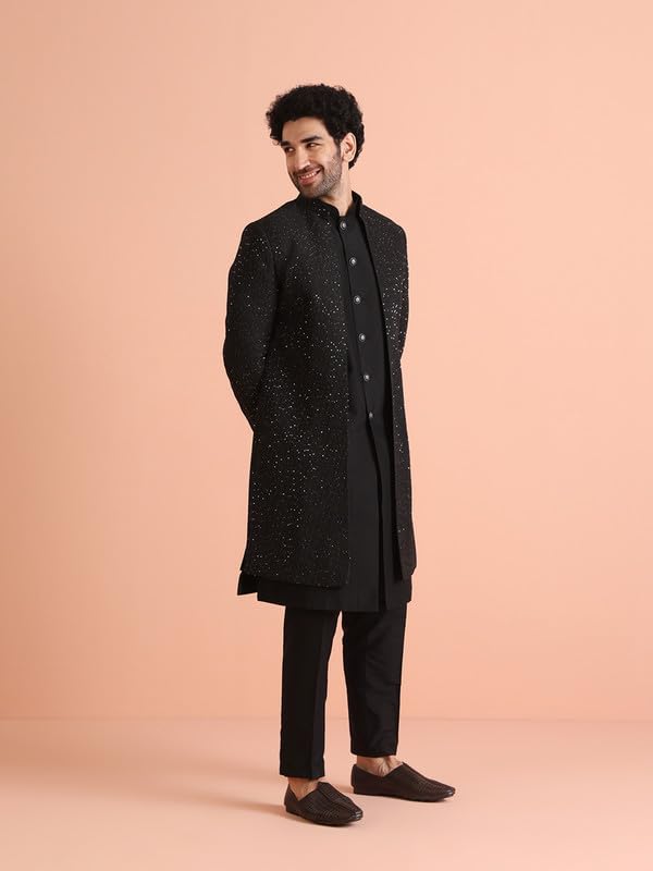 Royal Ethnics | Men's Jacket Sherwani Trouser Set | Blended Fabric | Embellished Pattern | Regular Fit | Long Sleeve - Royal Ethnic