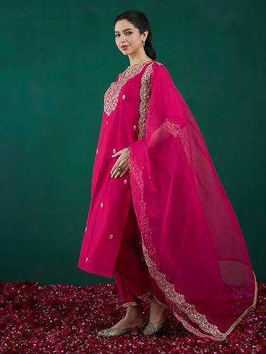 Royal Ethnic | Women's Viscose Embroidered Kurta Pant Dupatta Set | Straight Fit | 3/4 Sleeves | Festive & Elegant Wear - Royal Ethnic