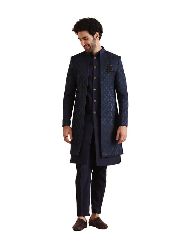 Royal Ethnics | Men's Jacket Sherwani Trouser Set | Silk Blend Fabric | Jacquard Pattern | Regular Fit | Long Sleeve - Royal Ethnic