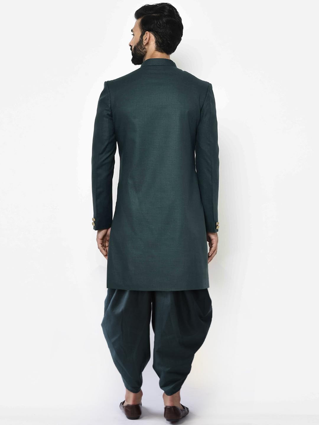 Royal Ethnics | Men's Indo-Western Sherwani Dhoti Set | Green Cotton Blend | Solid Dyed | Regular Fit | Long Sleeve - Royal Ethnic