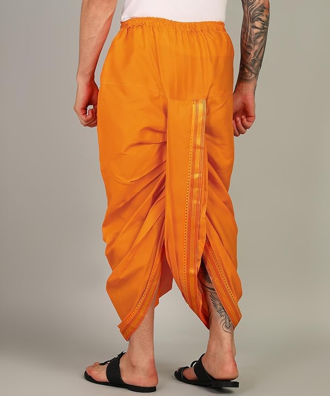 Royal Ethnic | Men's Silk Dhoti | Golden Zari Border | Readymade Panjakejam | Elastic Waistband | Festive & Traditional - Royal Ethnic