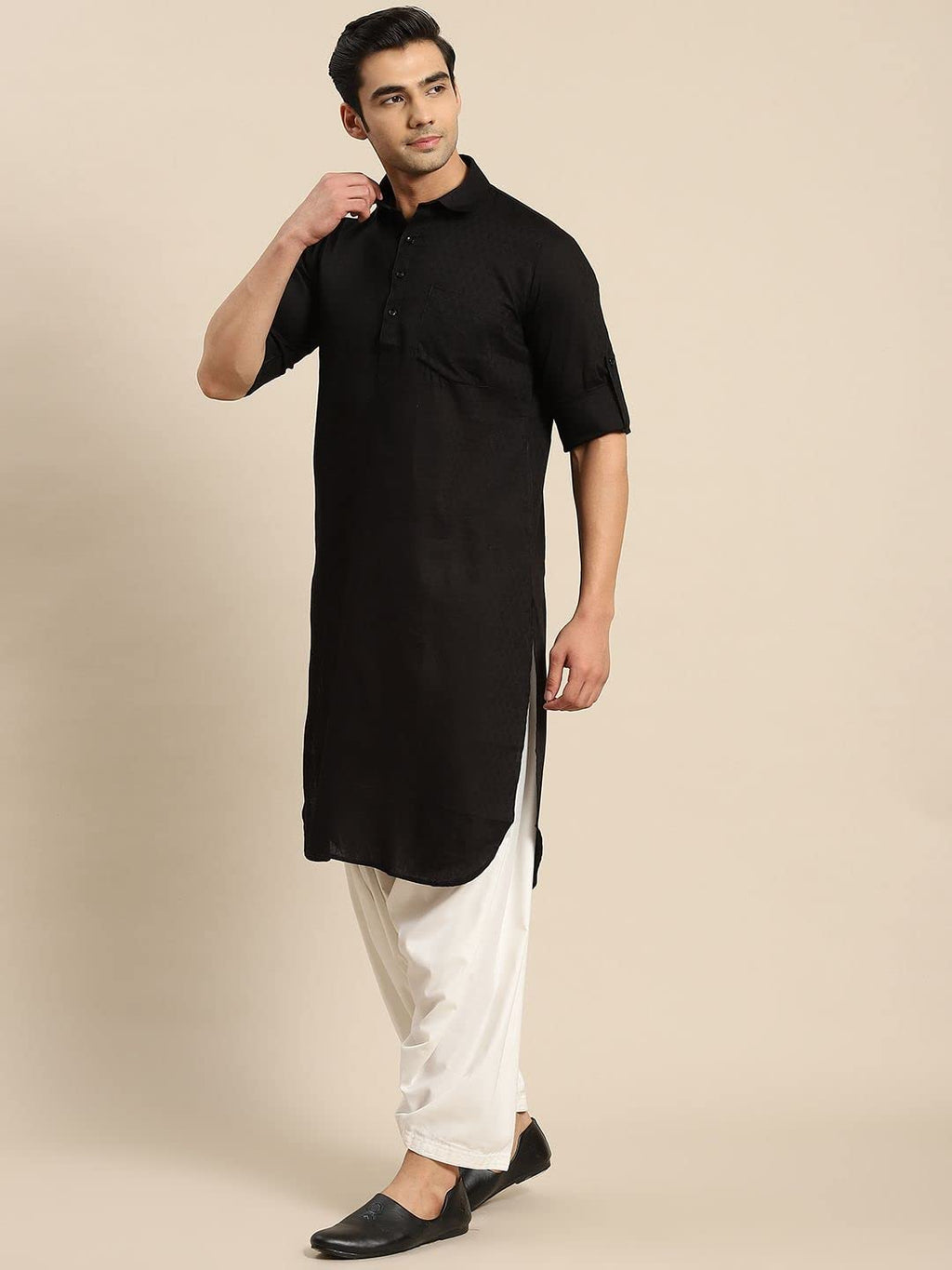 Royal Ethnic | Men's Festive Cotton Pathani Kurta | Woven Design | Shirt Collar | Full Sleeves | Elegant Traditional Wear - Royal Ethnic