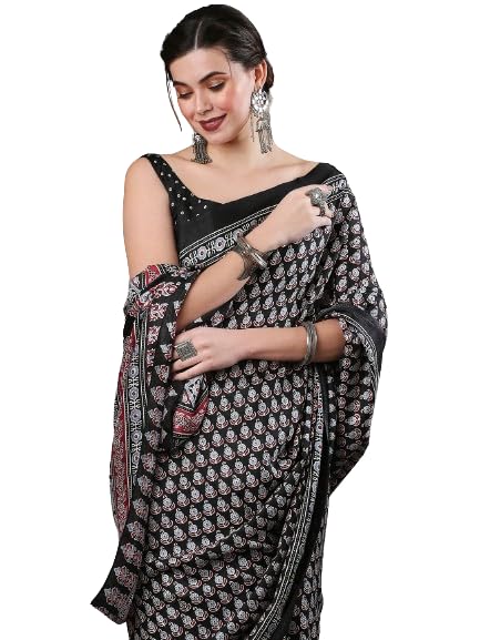 Royal Ethnic | Women's Ajrak Block Print Saree | Dola Silk Fabric | 5.5m Saree + 0.8m Blouse | Traditional | Festive Wear - Royal Ethnic