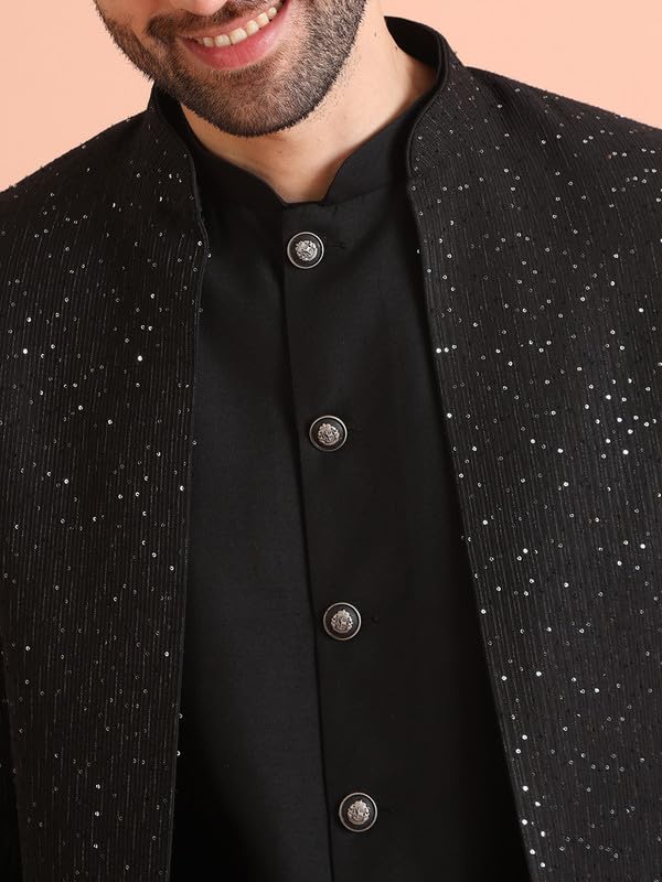 Royal Ethnics | Men's Jacket Sherwani Trouser Set | Blended Fabric | Embellished Pattern | Regular Fit | Long Sleeve - Royal Ethnic