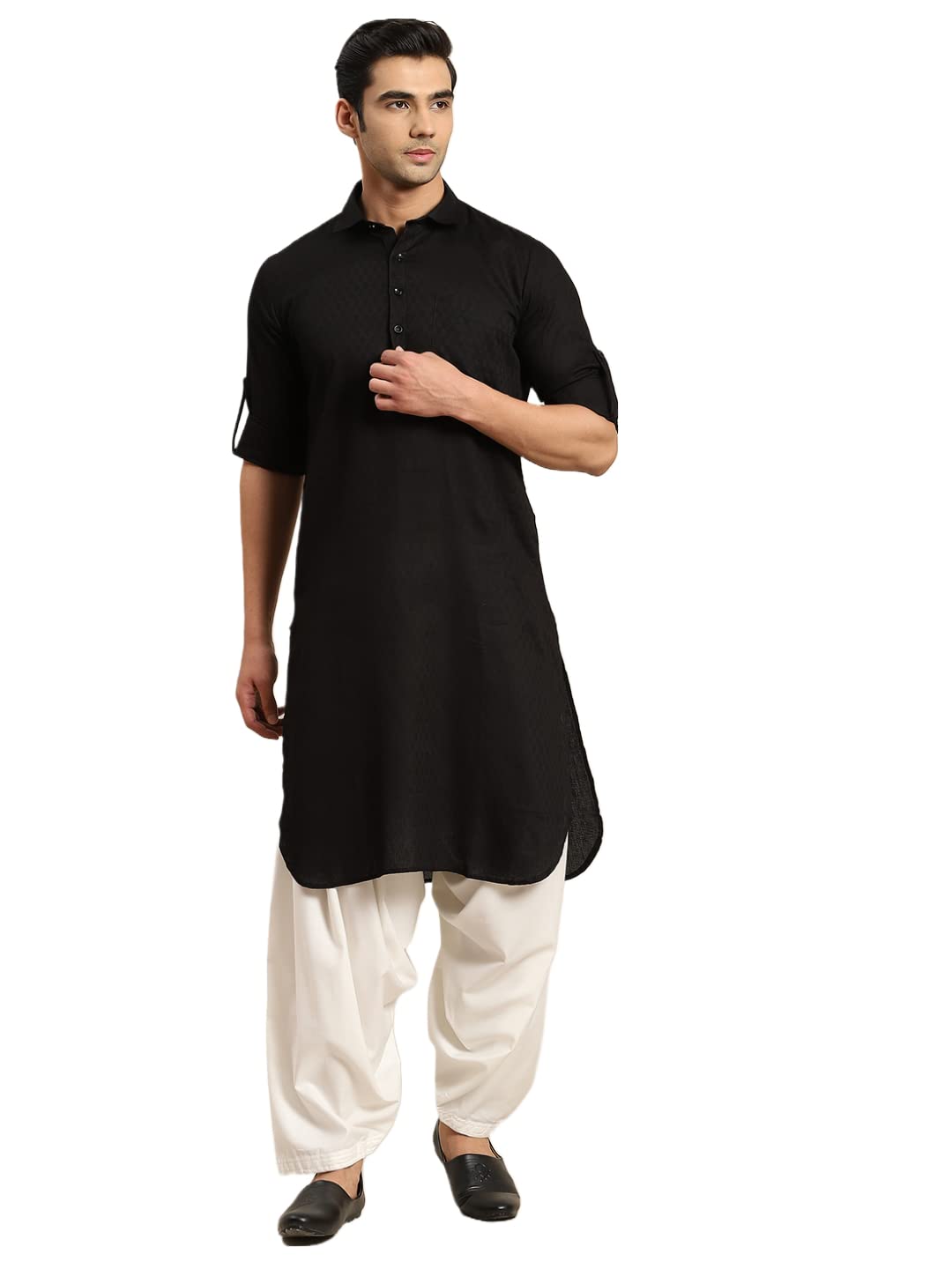 Royal Ethnic | Men's Festive Cotton Pathani Kurta | Woven Design | Shirt Collar | Full Sleeves | Elegant Traditional Wear - Royal Ethnic