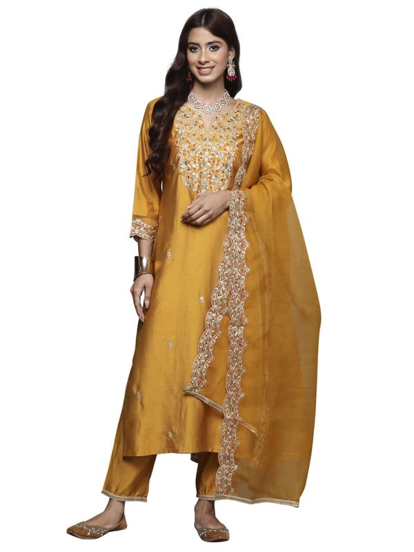 Royal Ethnic | Women's Viscose Embroidered Kurta Pant Dupatta Set | Straight Fit | 3/4 Sleeves | Festive & Elegant Wear