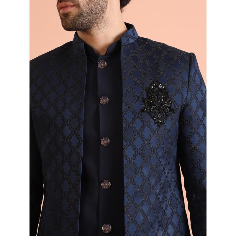 Royal Ethnics | Men's Jacket Sherwani Trouser Set | Silk Blend Fabric | Jacquard Pattern | Regular Fit | Long Sleeve - Royal Ethnic