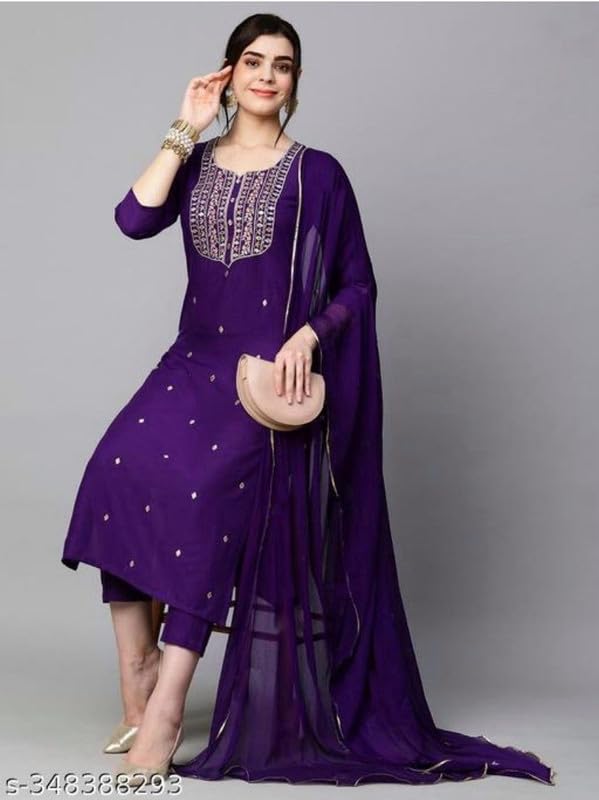 Royal Ethnic Women's Embroidered Rayon Slub Kurta Set with Dupatta Elegant Stylish Ethnic Wear Outfit Dress