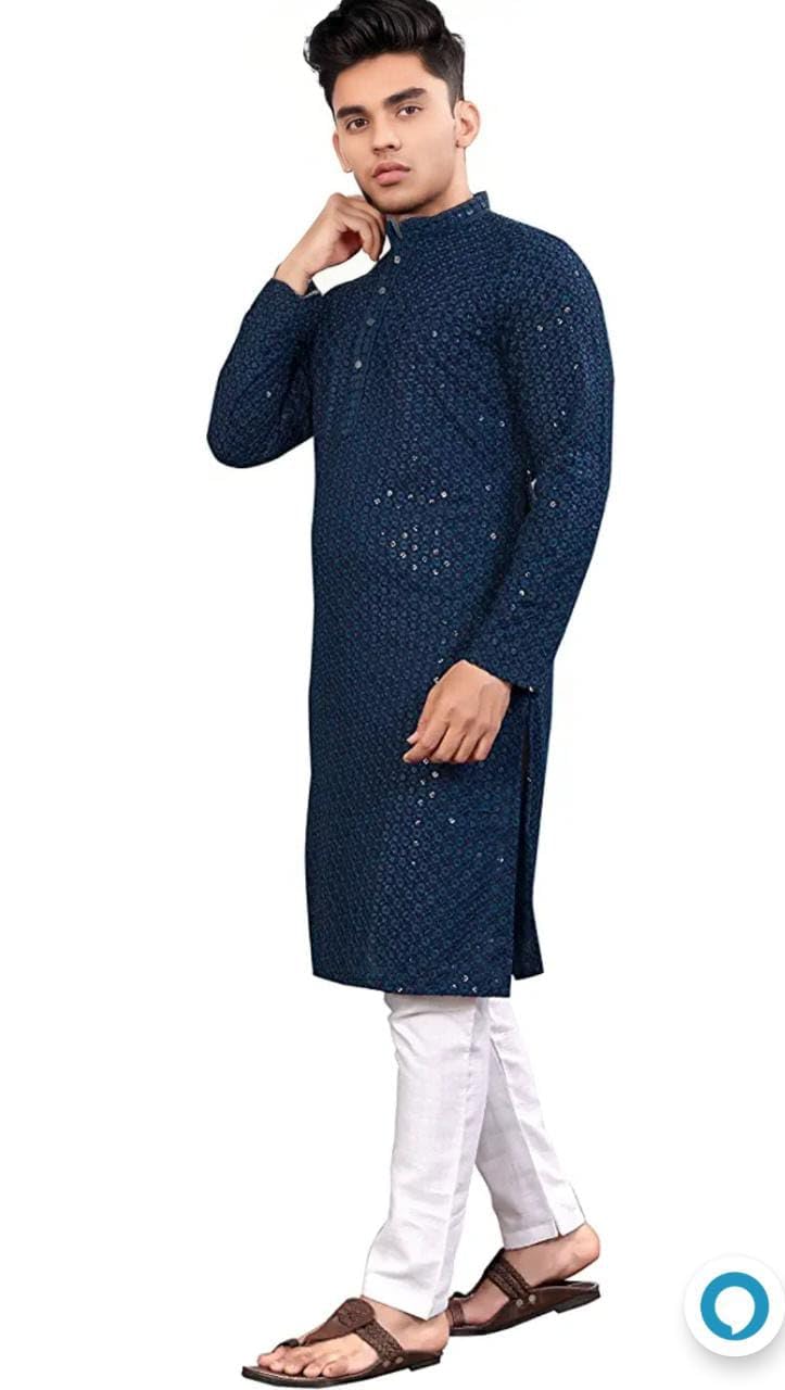 Royal Ethnic | Men's Straight Lucknowi Kurta | Indian Ethnic Wear | Embroidered Cotton | Full Sleeves | Regular Fit - Royal Ethnic