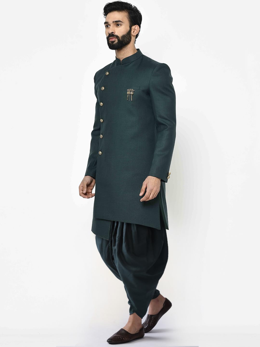 Royal Ethnics | Men's Indo-Western Sherwani Dhoti Set | Green Cotton Blend | Solid Dyed | Regular Fit | Long Sleeve - Royal Ethnic