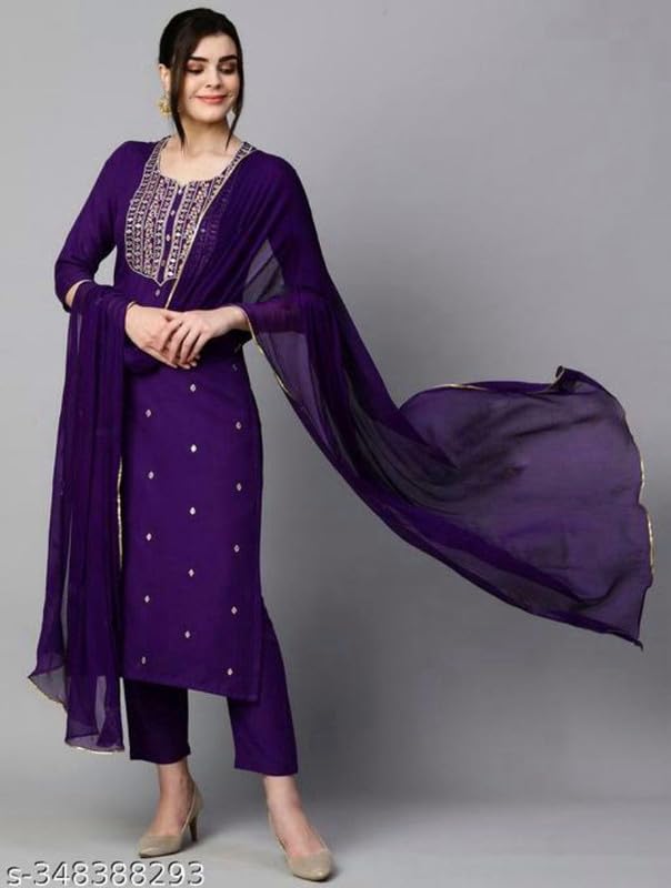 Royal Ethnic Women's Embroidered Rayon Slub Kurta Set with Dupatta Elegant Stylish Ethnic Wear Outfit Dress