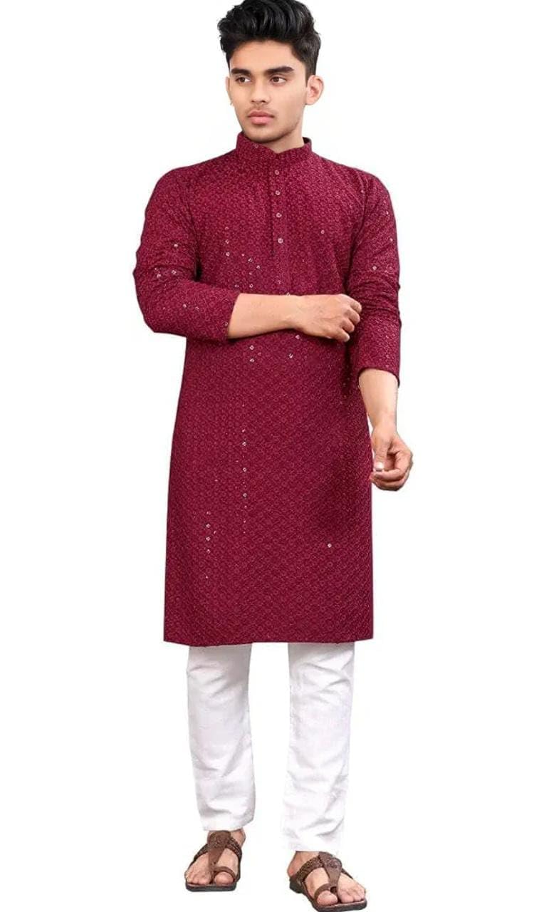 Royal Ethnic | Men's Straight Lucknowi Kurta | Indian Ethnic Wear | Embroidered Cotton | Full Sleeves | Regular Fit - Royal Ethnic