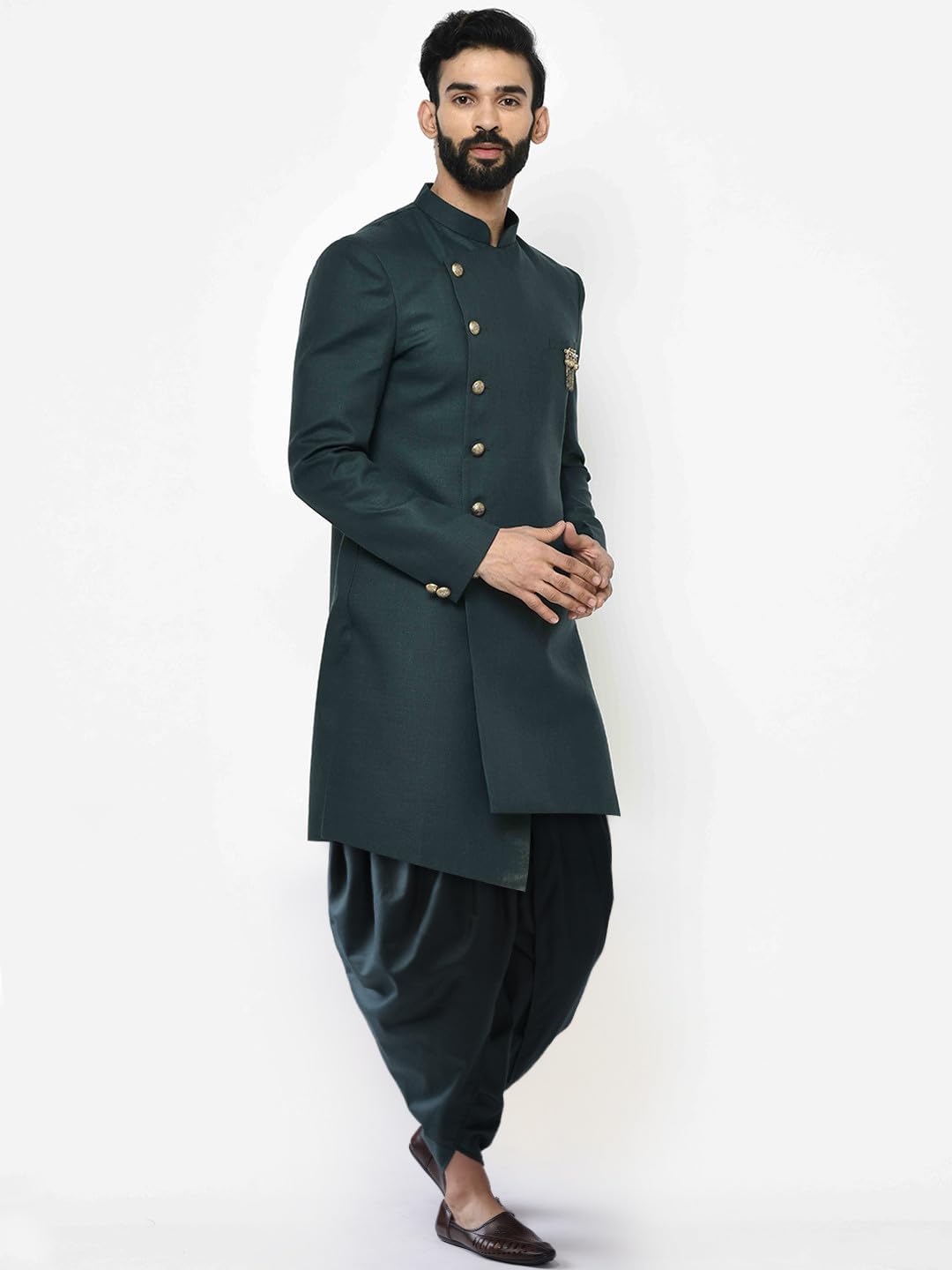Royal Ethnics | Men's Indo-Western Sherwani Dhoti Set | Green Cotton Blend | Solid Dyed | Regular Fit | Long Sleeve - Royal Ethnic