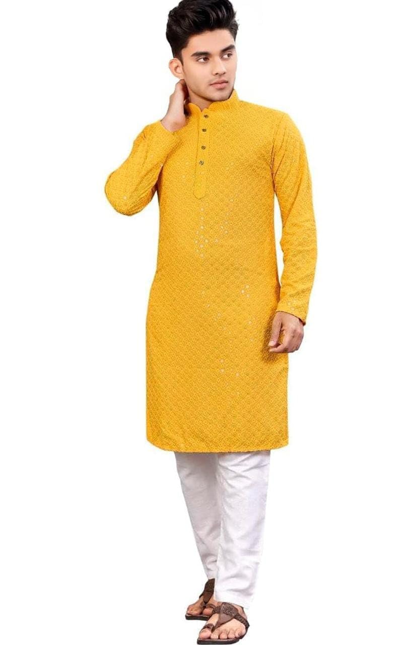 Royal Ethnic | Men's Straight Lucknowi Kurta | Indian Ethnic Wear | Embroidered Cotton | Full Sleeves | Regular Fit - Royal Ethnic