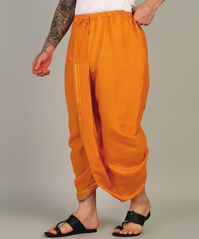 Royal Ethnic | Men's Silk Dhoti | Golden Zari Border | Readymade Panjakejam | Elastic Waistband | Festive & Traditional - Royal Ethnic