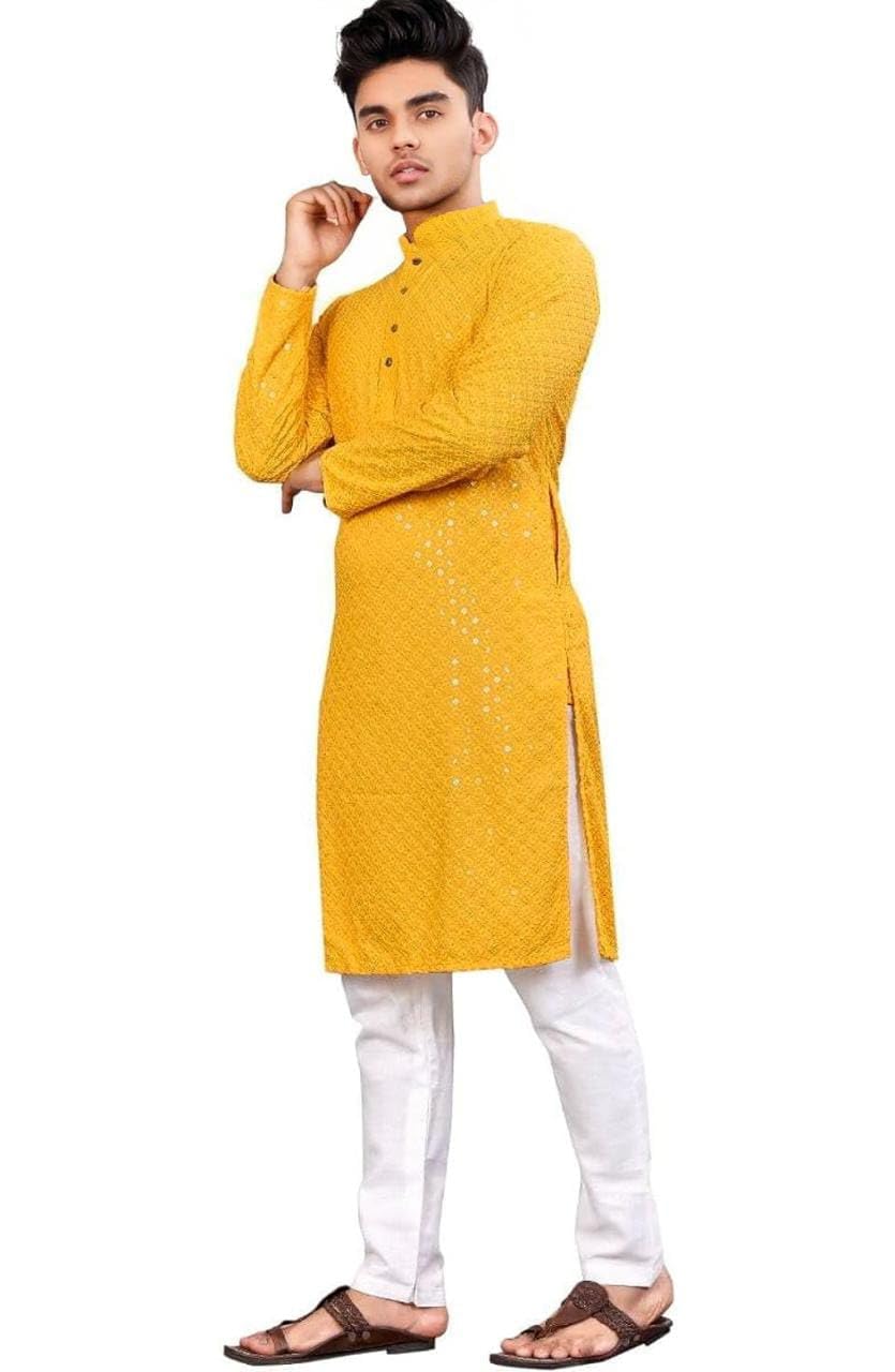 Royal Ethnic | Men's Straight Lucknowi Kurta | Indian Ethnic Wear | Embroidered Cotton | Full Sleeves | Regular Fit - Royal Ethnic