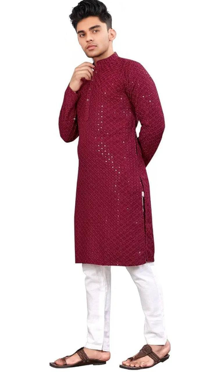 Royal Ethnic | Men's Straight Lucknowi Kurta | Indian Ethnic Wear | Embroidered Cotton | Full Sleeves | Regular Fit - Royal Ethnic