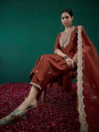 Royal Ethnic | Women's Viscose Embroidered Kurta Pant Dupatta Set | Straight Fit | 3/4 Sleeves | Festive & Elegant Wear - Royal Ethnic