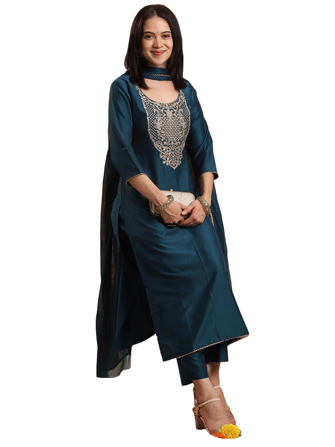 GoSriKi Women's Rayon Viscose Embroidered Straight Kurta with Pant & Dupatta