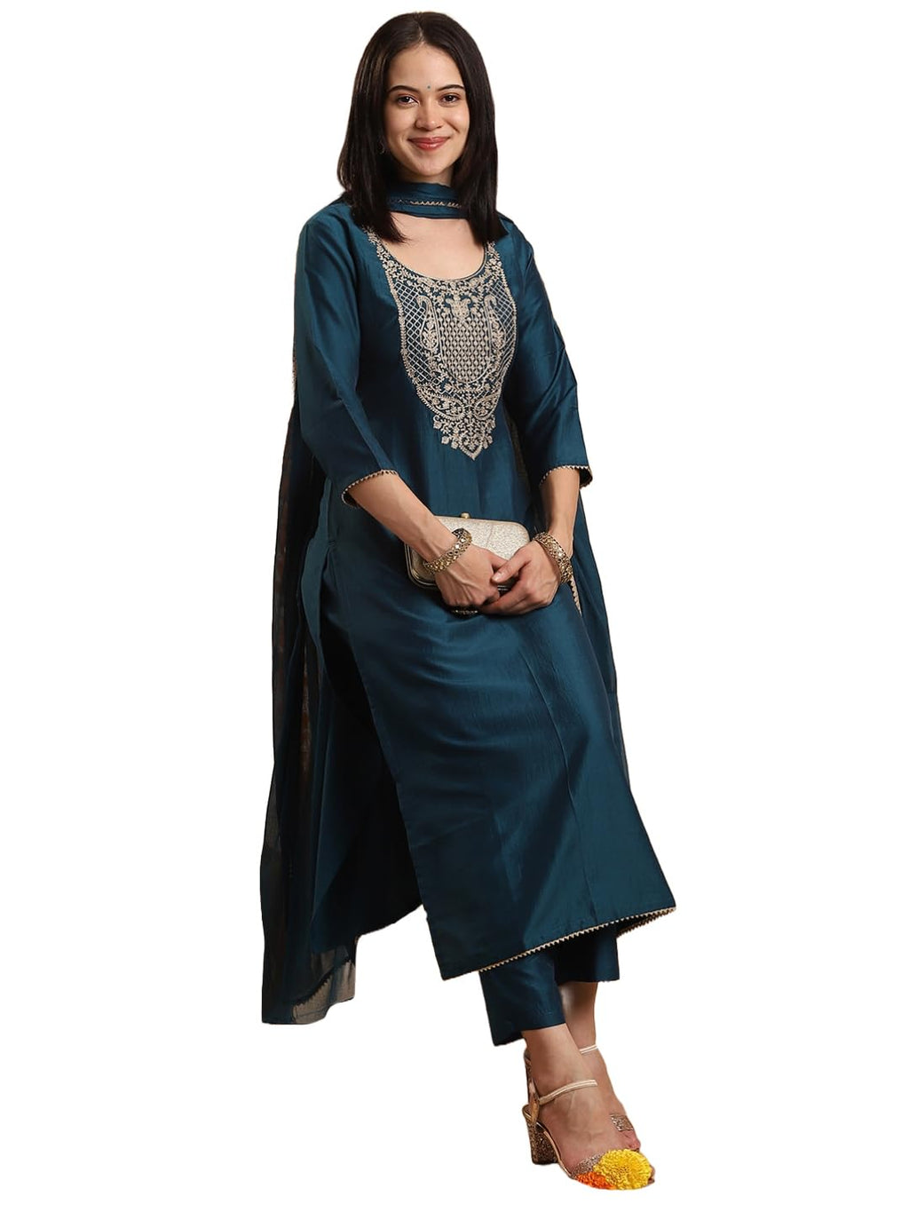GoSriKi Women's Rayon Viscose Embroidered Straight Kurta with Pant & Dupatta