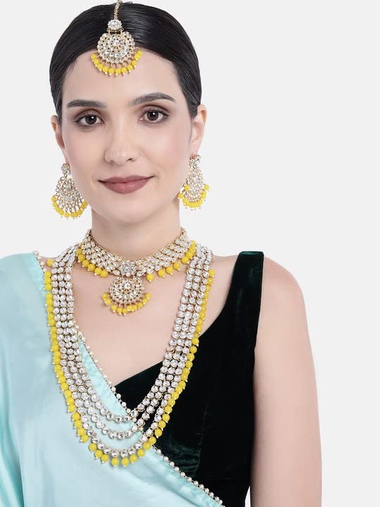 Royal Ethnic Traditional 18K Gold Plated Kundan & Pearl Studded Bridal Choker Necklace Set with Earrings & Maang Tikka - Royal Ethnic