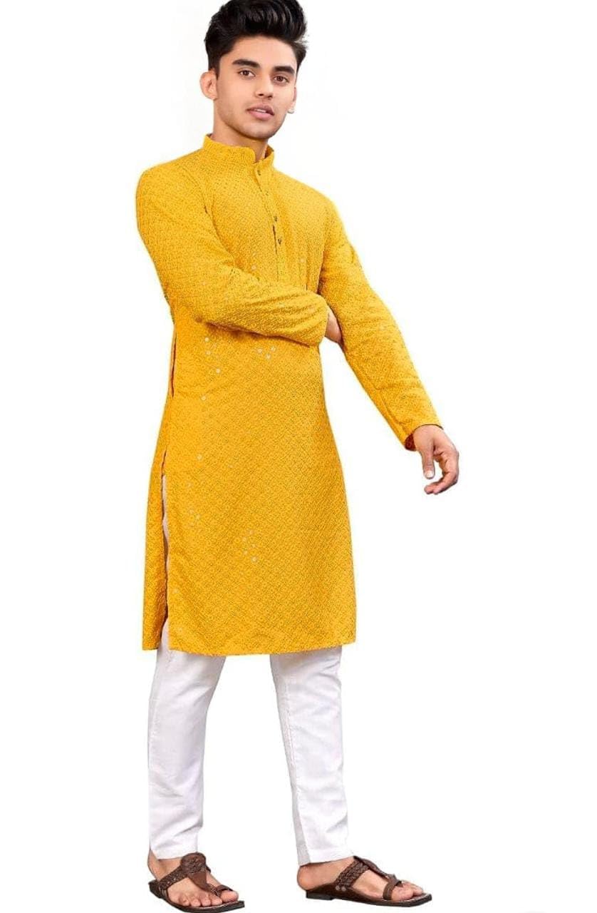 Royal Ethnic | Men's Straight Lucknowi Kurta | Indian Ethnic Wear | Embroidered Cotton | Full Sleeves | Regular Fit - Royal Ethnic