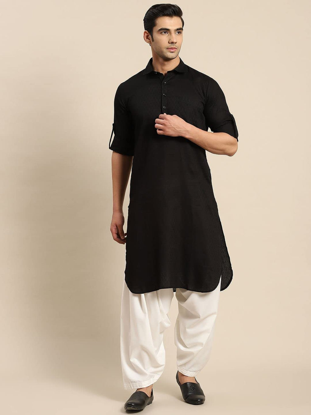 Royal Ethnic | Men's Festive Cotton Pathani Kurta | Woven Design | Shirt Collar | Full Sleeves | Elegant Traditional Wear - Royal Ethnic