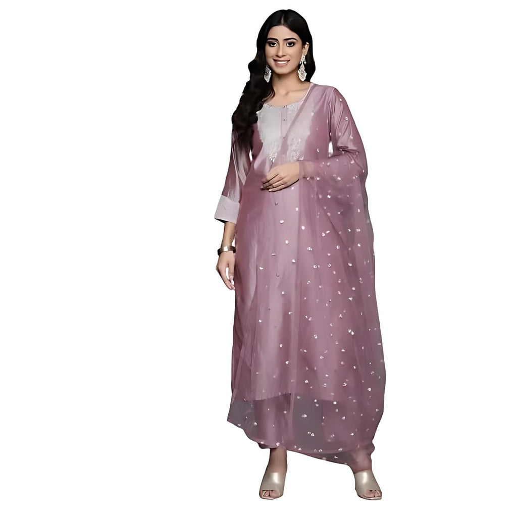 Royal Ethnic Women Mauve Silk Thread Embroidered Kurta Set with Dupatta Elegant Sophisticated Designer Ethnic Wear - Royal Ethnic