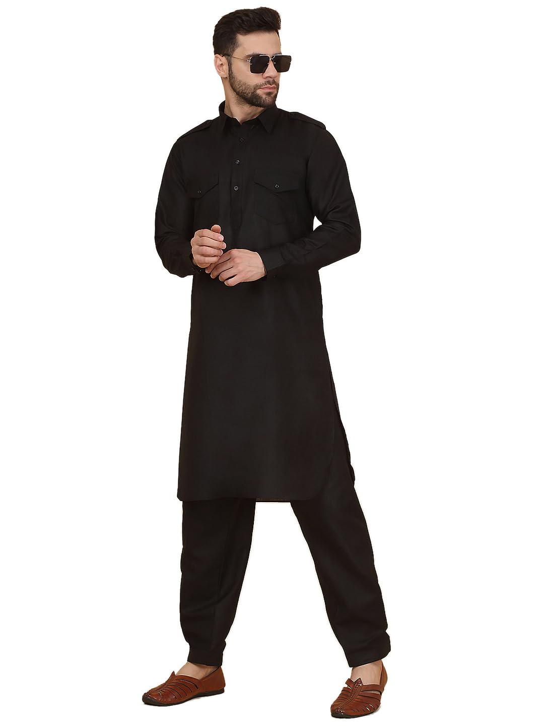 Royal Ethnic | Men's Cotton Pathani Kurta Salwar Set | Drawstring Waist | Solid Pattern | Full Sleeves | Festive Wear - Royal Ethnic