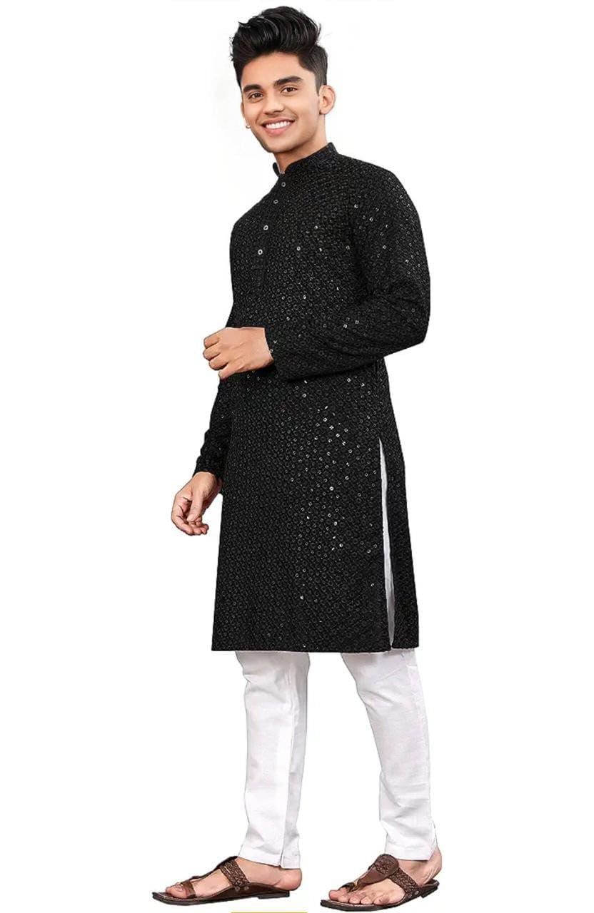 Royal Ethnic | Men's Straight Lucknowi Kurta | Indian Ethnic Wear | Embroidered Cotton | Full Sleeves | Regular Fit - Royal Ethnic