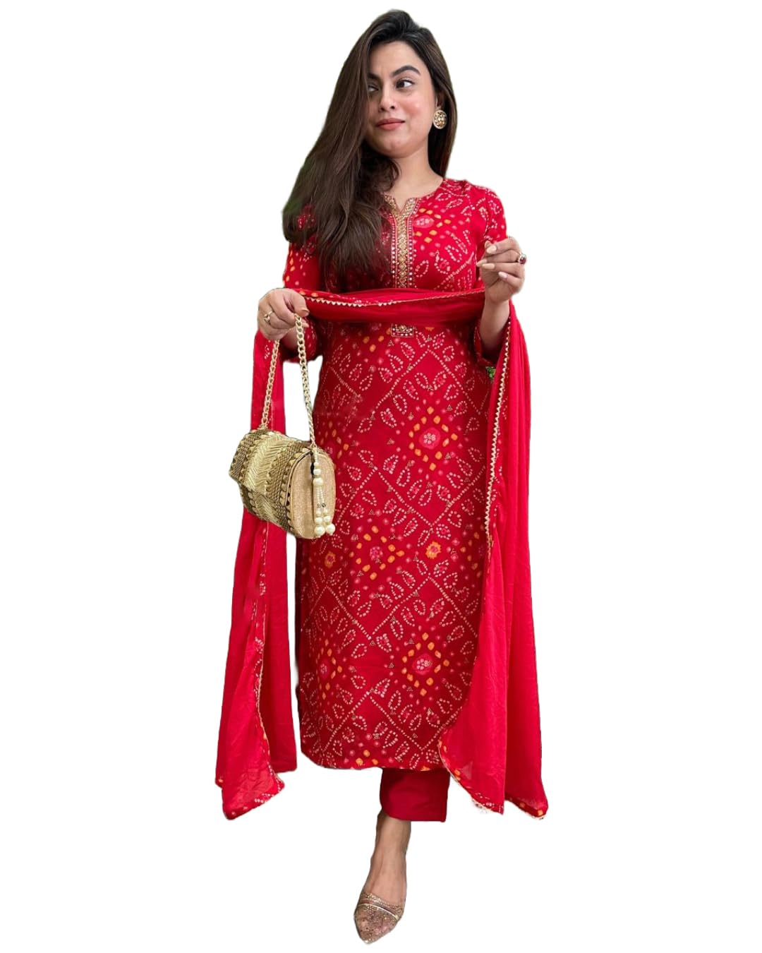 Royal Ethnic Women's Rayon Viscose Straight Bandhej Printed Kurta with Pant and Dupatta Elegant Stylish Ethnic Wear Festive