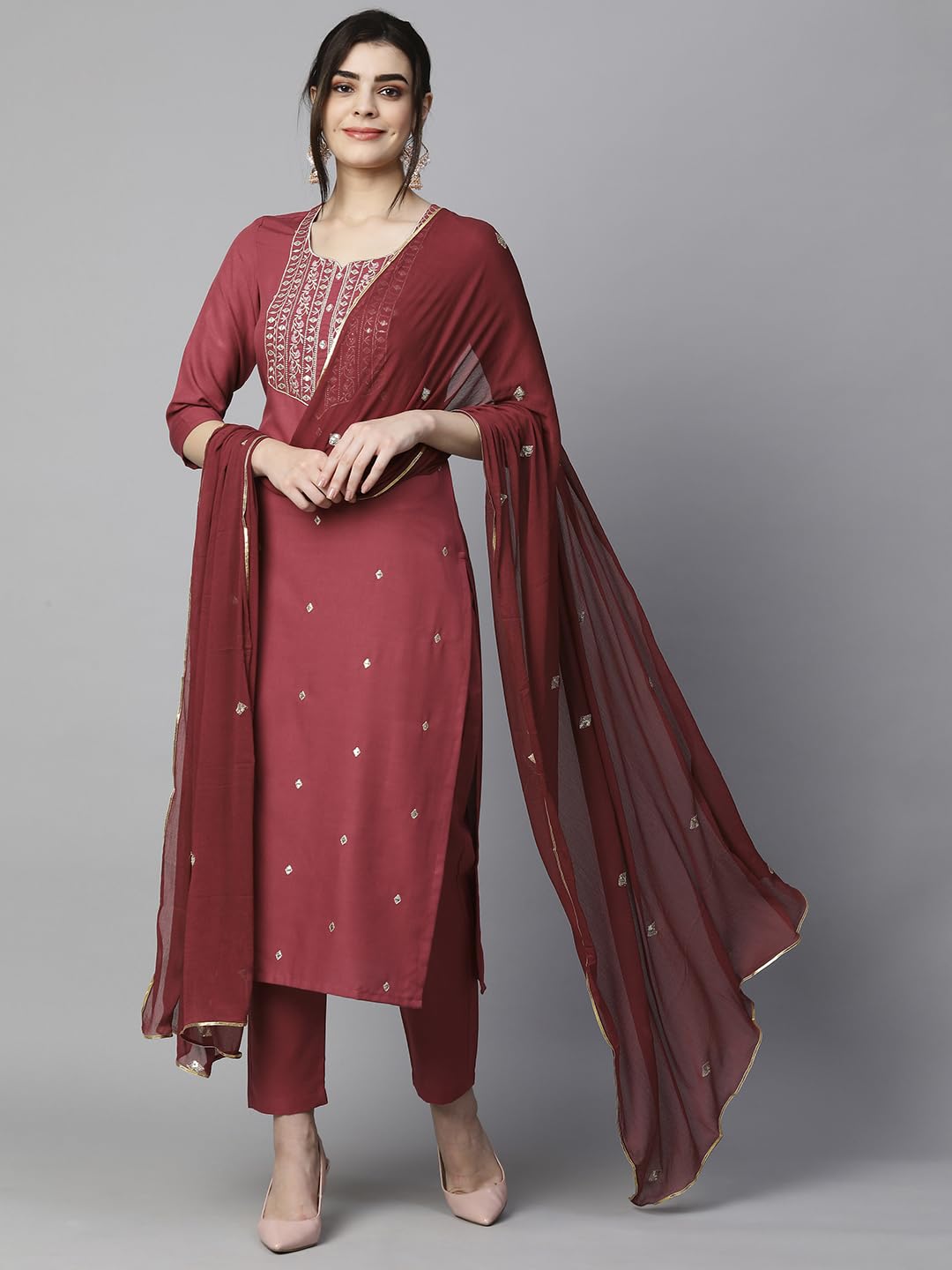 Royal Ethnic Womens Cotton Blend Embroidered Kurta Set with Pant Dupatta Elegants Calf Length Ethnic Outfit Dress - Royal Ethnic