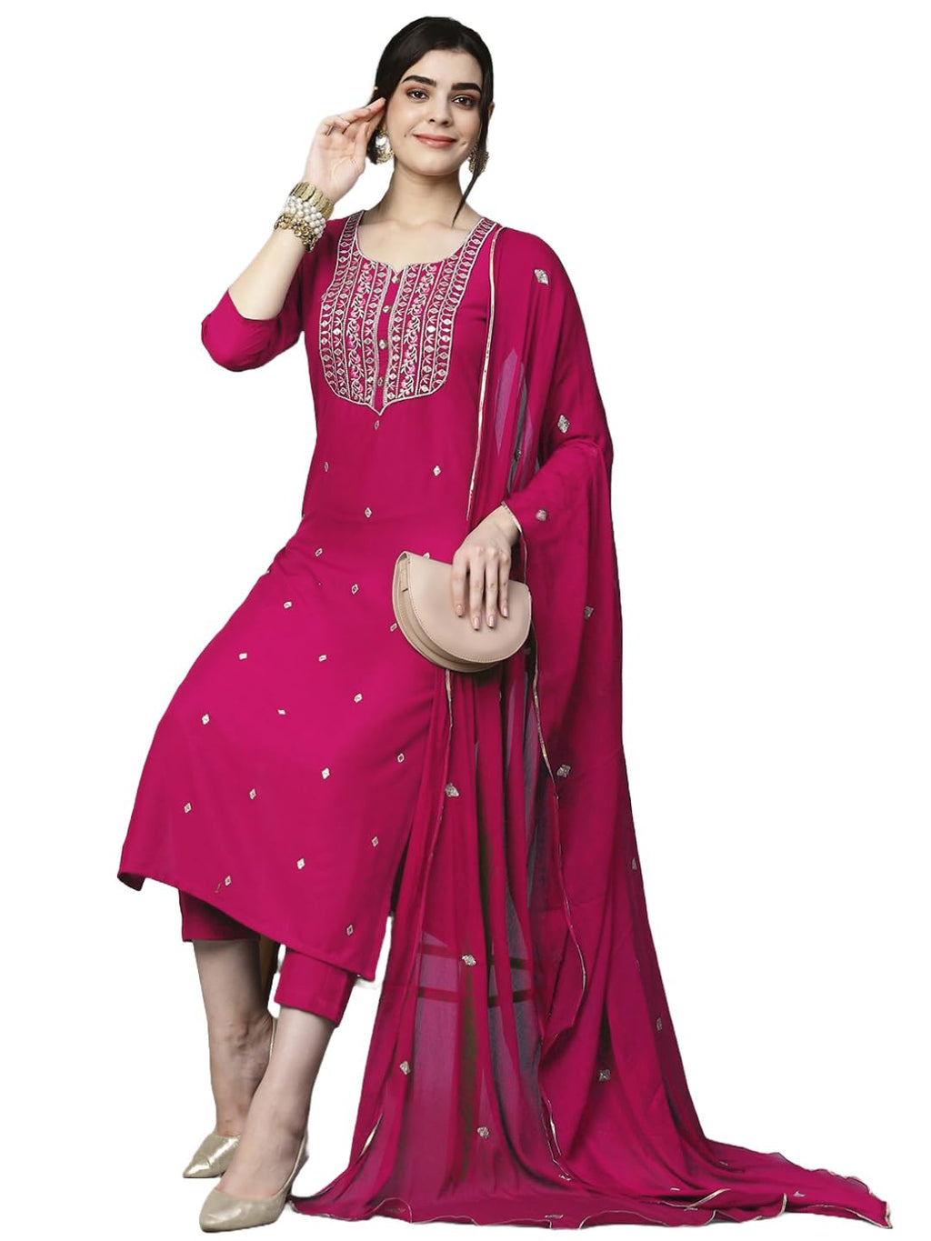 Royal Ethnic Womens Cotton Blend Embroidered Kurta Set with Pant Dupatta Elegants Calf Length Ethnic Outfit Dress