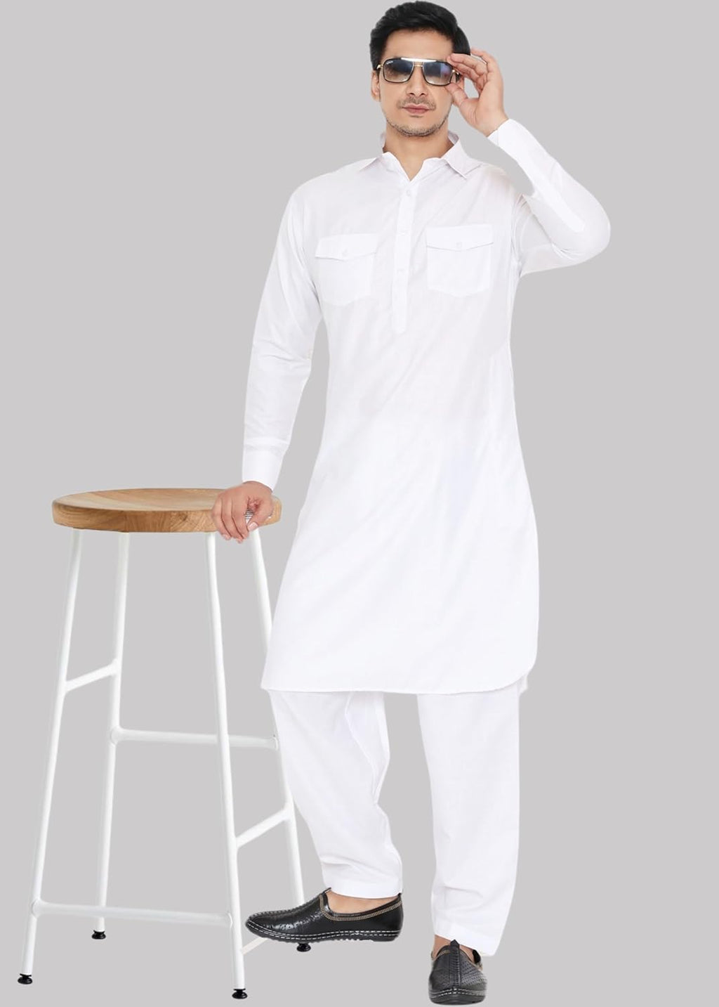 Royal Ethnic | Men's Cotton Blend Pathani Kurta Pyjama Set | Full Sleeves | Solid Pattern | Festive & Elegant Traditional - Royal Ethnic