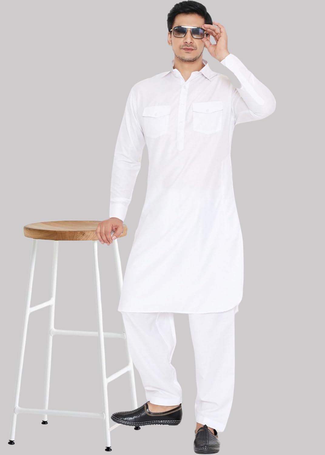 Royal Ethnic | Men's Cotton Blend Pathani Kurta Pyjama Set | Full Sleeves | Solid Pattern | Festive & Elegant Traditional - Royal Ethnic