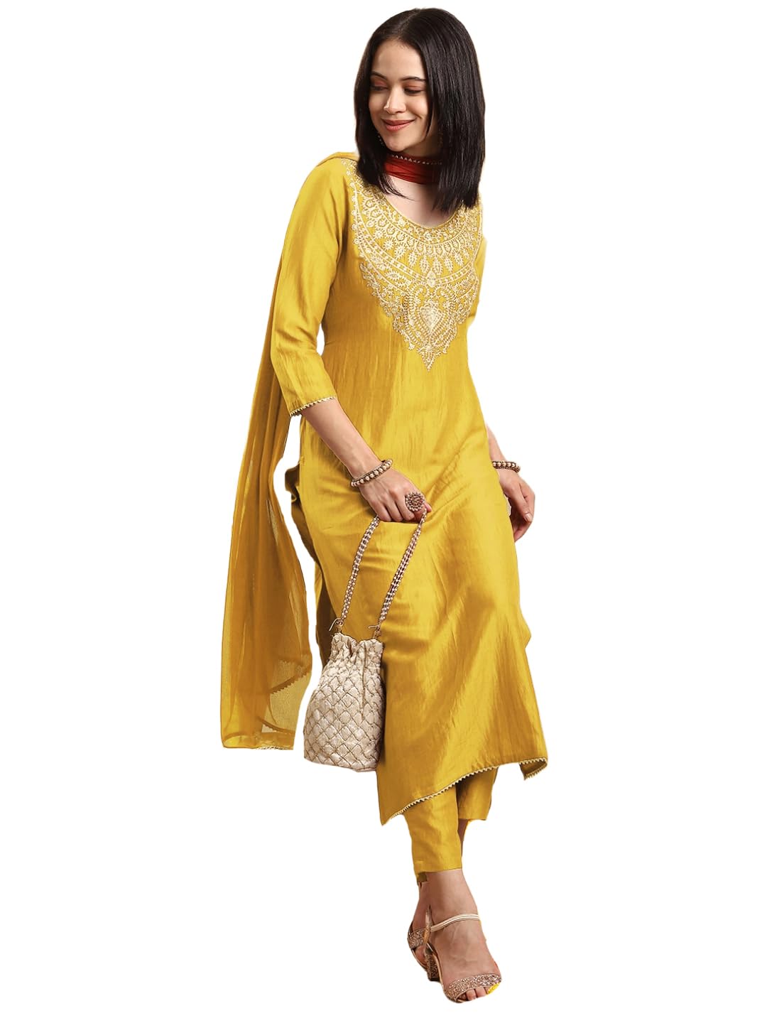 GoSriKi Women's Rayon Viscose Embroidered Straight Kurta with Pant & Dupatta