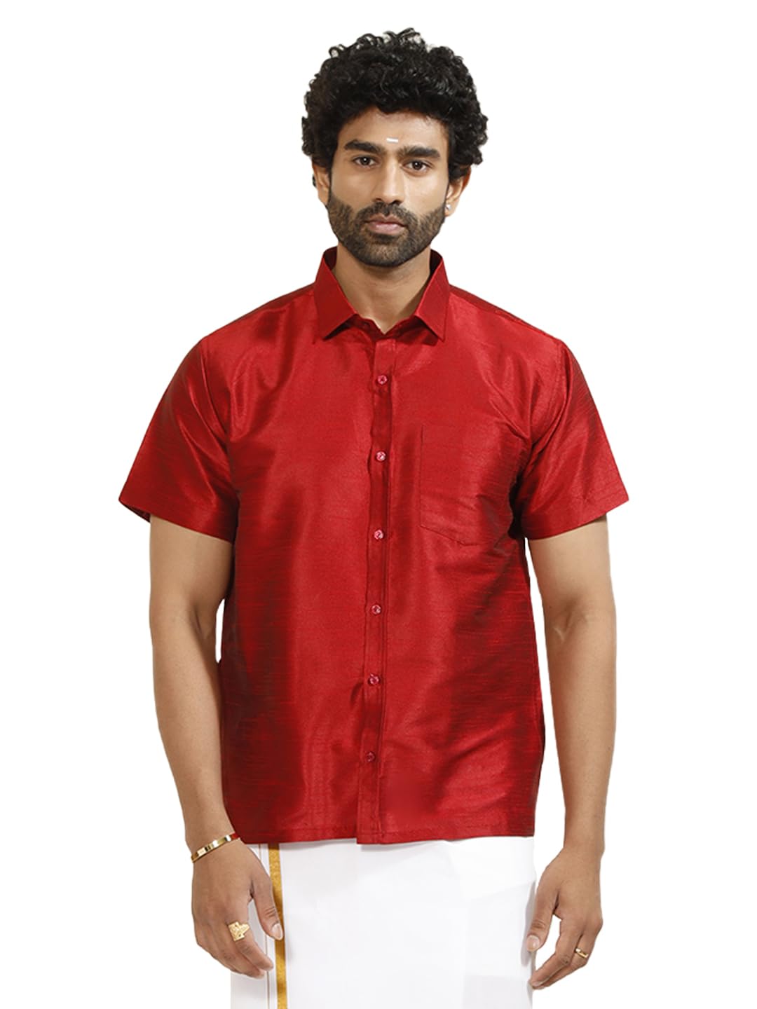 Vastramay Men's Silk Blend South Indian Ethnic Shirt – Traditional Half-Sleeve Shirt for Festive, Wedding & Casual Wear