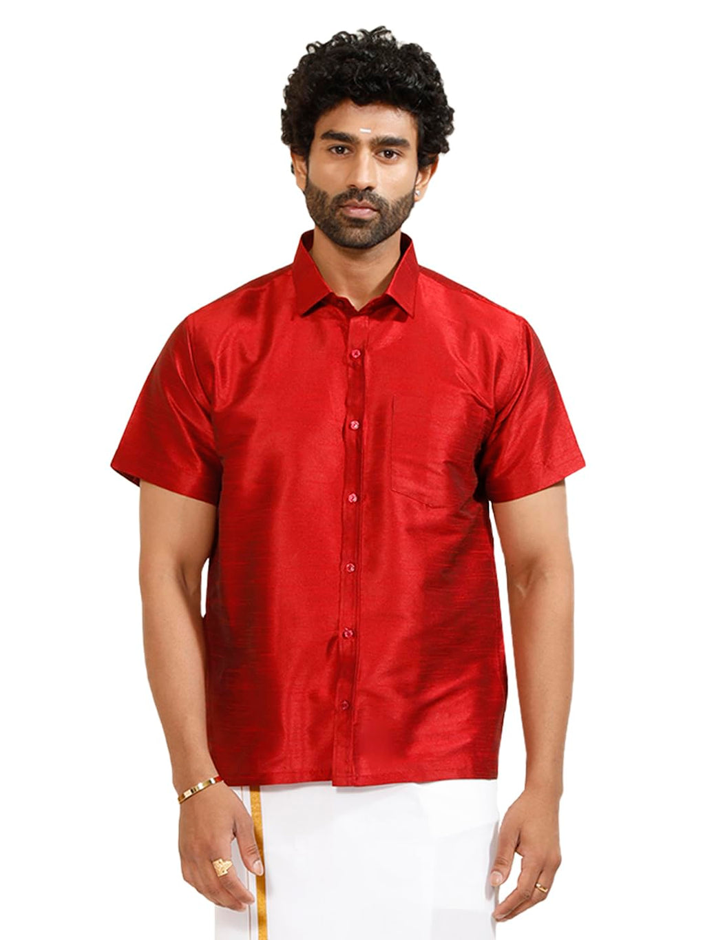 Vastramay Men's Silk Blend South Indian Ethnic Shirt – Traditional Half-Sleeve Shirt for Festive, Wedding & Casual Wear