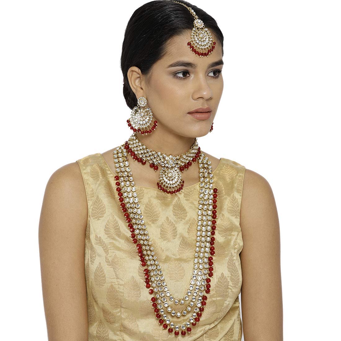 Royal Ethnic Traditional 18K Gold Plated Kundan & Pearl Studded Bridal Choker Necklace Set with Earrings & Maang Tikka - Royal Ethnic