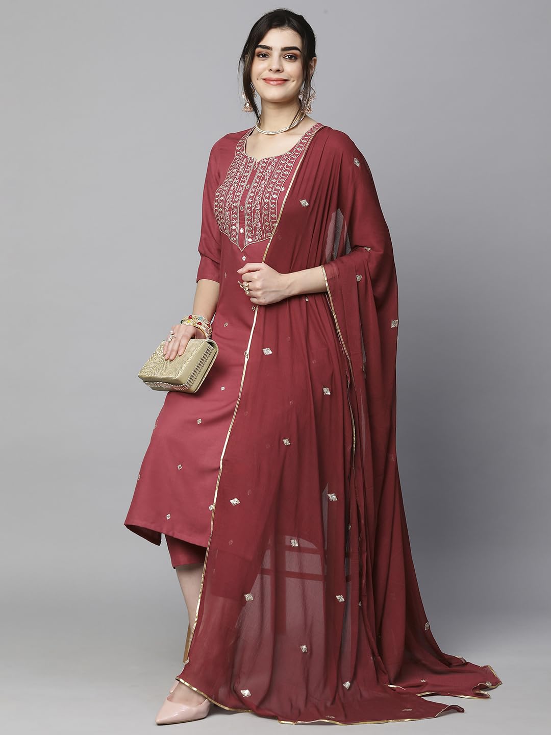 Royal Ethnic Womens Cotton Blend Embroidered Kurta Set with Pant Dupatta Elegants Calf Length Ethnic Outfit Dress - Royal Ethnic