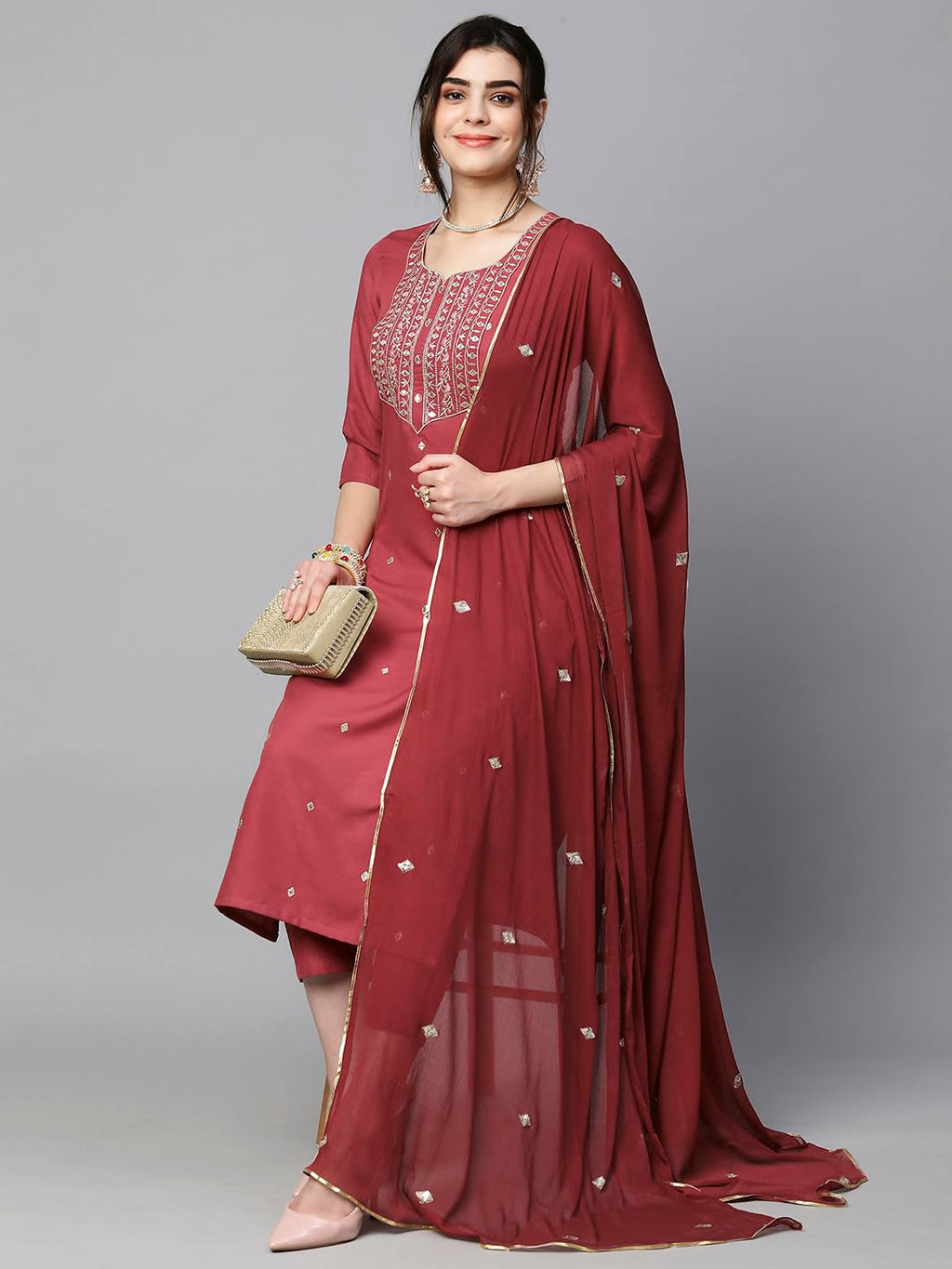 Royal Ethnic Womens Cotton Blend Embroidered Kurta Set with Pant Dupatta Elegants Calf Length Ethnic Outfit Dress - Royal Ethnic