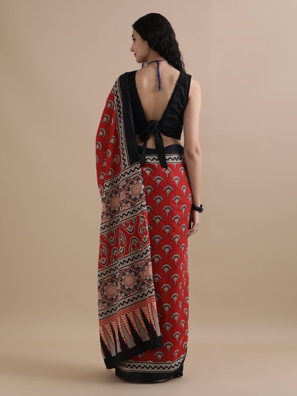 Royal Ethnic Handblock Printed Cotton Mulmul Saree Kalamkari Bagru Print Natural Dyed Maroon White 6.5 Mtr with Blouse Piece - Royal Ethnic